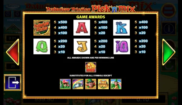 Rainbow Riches Pick and Mix symbols and payouts